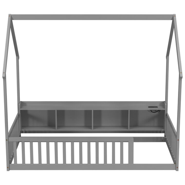 Whisen Twin Size House Floor Bed with Storage Shelves, LED Lights & Charging Station, Pine Wood Kids Platform Bed with Guardrails