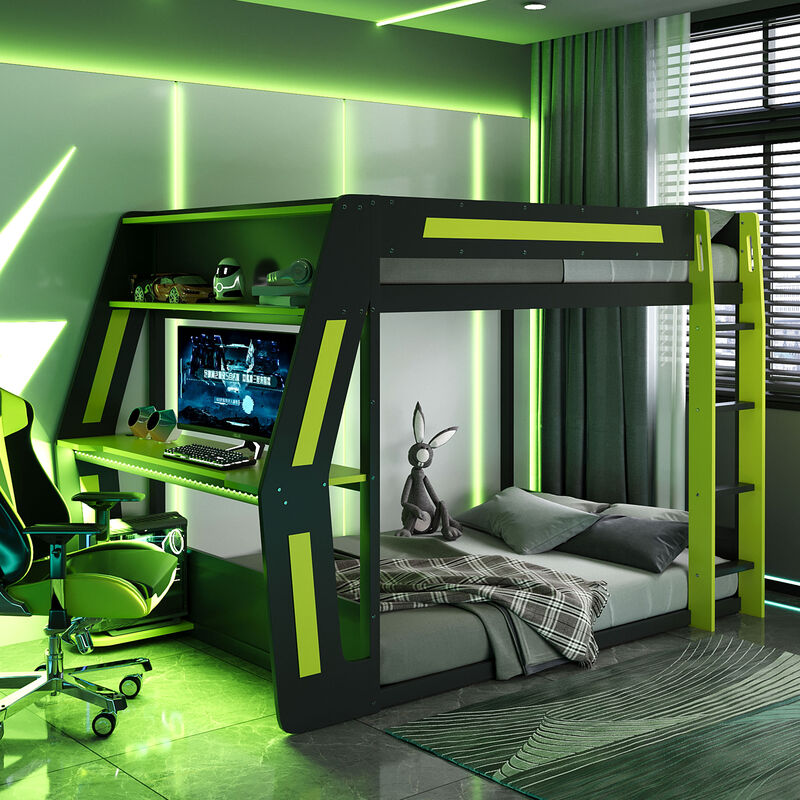 Merax Full Size Esports Gaming Loft Bed with Attached RGB Gaming Desk image number 2