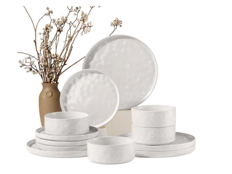 12-Piece Speckled White Dinnerware Set – Stoneware Plates & Bowls for 4