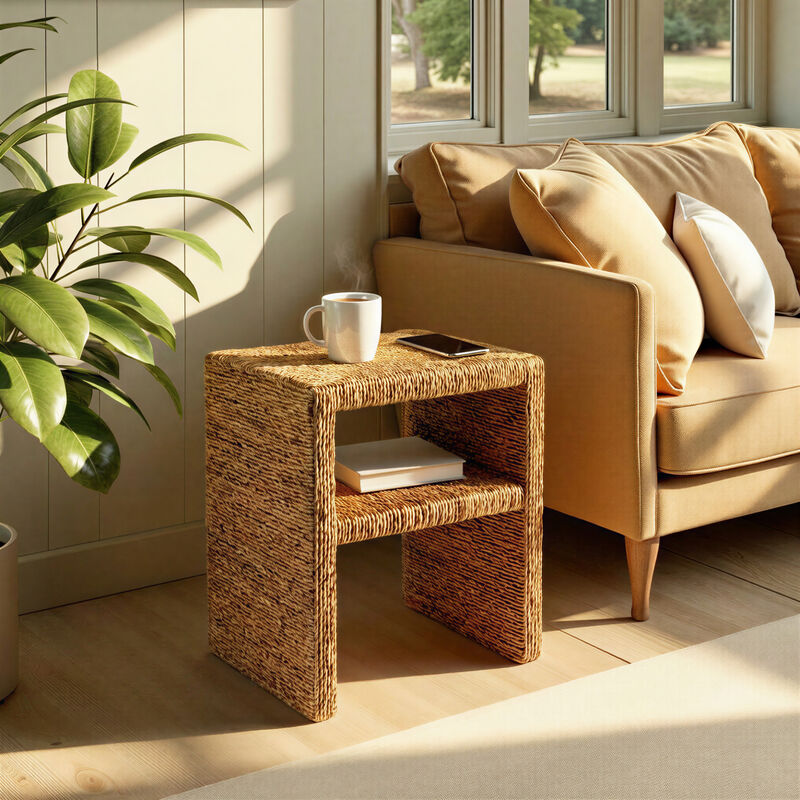 Woven Water Hyacinth & Acacia Wood End Table image number 5