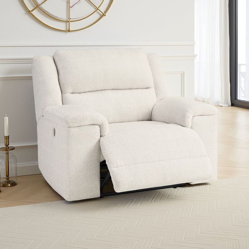 Dino Power Recliner Chair USB Ports and Block Arms, White Polyester - Benzara