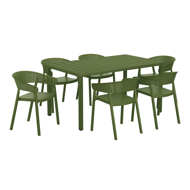 WestinTrends 7-Piece Outdoor Metal Rectangle Patio Dining Table Set With Stackable Patio Dining Chairs