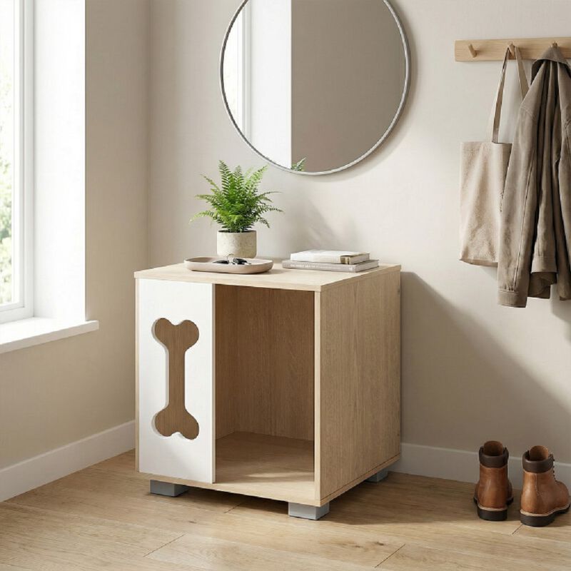 Wooden Dog Condo End Table with Bone Window and Metal Legs-Natural image number 4