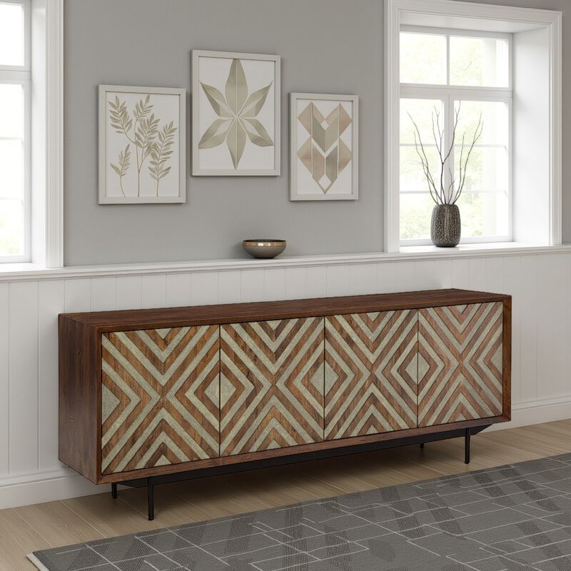 Sideboard Cabinet Console, 4 Carved Diamond Style Doors, Brown 76 Inch
