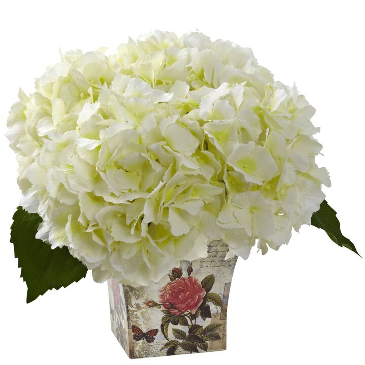 Nearly Natural 9.5-in Hydrangea with Floral Planter Cream