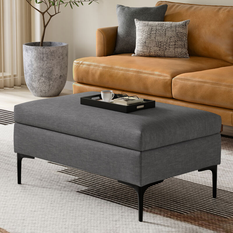 Rebecca 36 inch Wide Mid Century Rectangle Rectangular Coffee Table Storage Ottoman with Lift Up Lid in Slate Grey Polyester linen Look, Assembled
