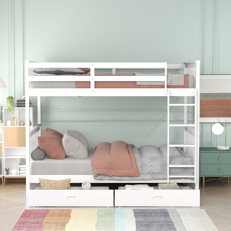 Whisen Twin-Over-Twin Bunk Bed with Ladders and Two Storage Drawers- White