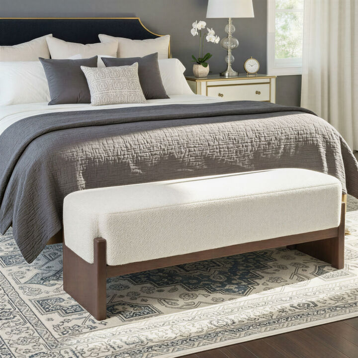Boucle Upholstered Mango Wood Bench with Recessed Cushion and Slat-style Legs, Walnut