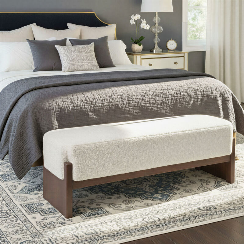 Boucle Upholstered Mango Wood Bench with Recessed Cushion and Slat-style Legs, Walnut image number 1