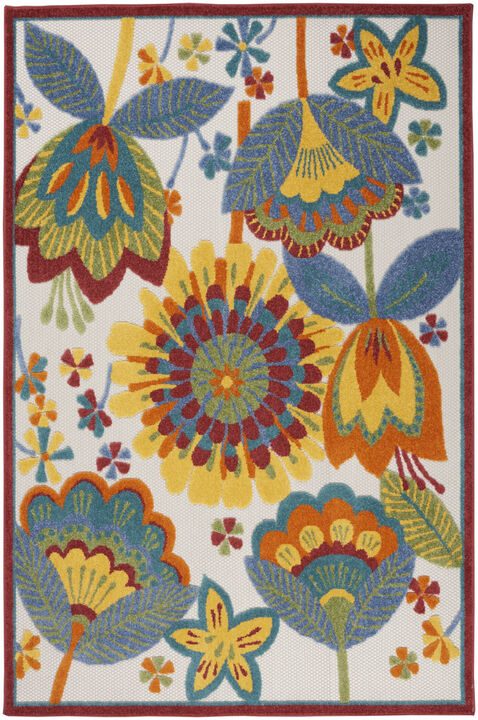 HomeRoots 5' X 8' Ivory Blue Orange Red And Yellow Floral Indoor Outdoor Area Rug