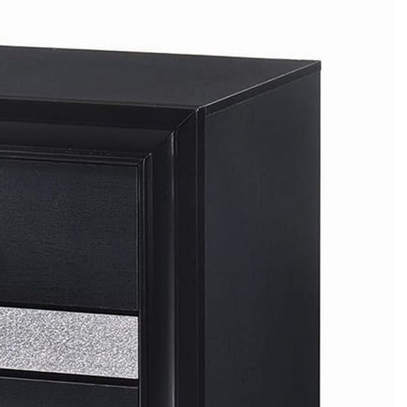 Nightstand with 2 Drawers and Rhinestone Pull Handles, Black and Silver-Benzara image number 2