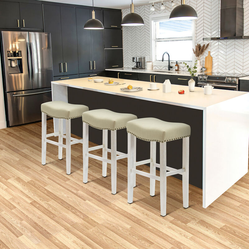 WestinTrends 29" Upholstered Saddle Seat Antique White Bar Stool (Set of 3)