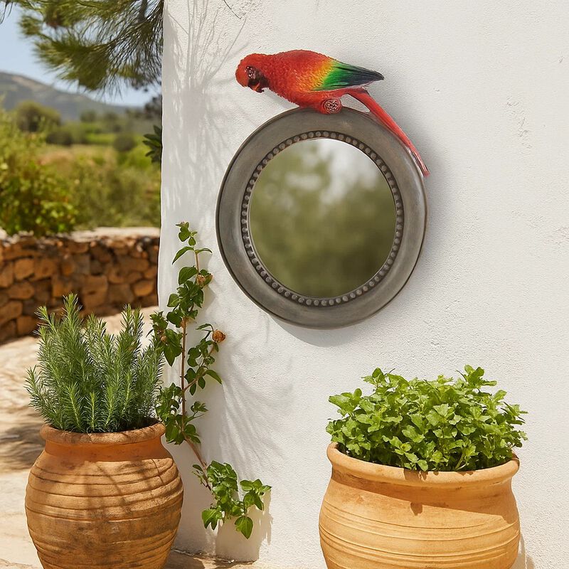 Round Wooden Framed Mirror with Parrot Sculpture Top, Multicolor image number 1