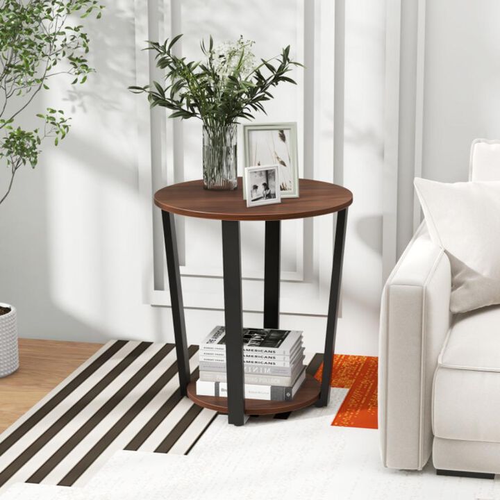 Hivvago Round End Table with Open Shelf and Metal Frame
