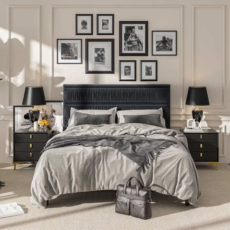 3-Drawer Black Nightstands Side End Table With Gold Metal Legs For Living Room, Bedroom