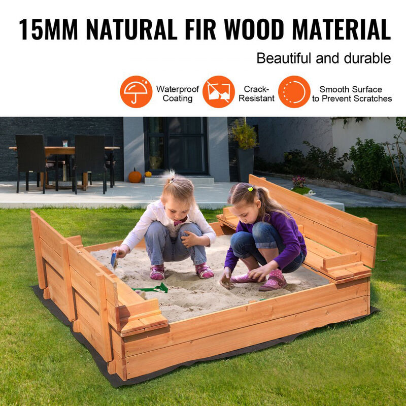 Wooden Outdoor Sandbox with Foldable Benches, Sand Pit with Bottom Liner for Boys and Girls-Natural image number 5