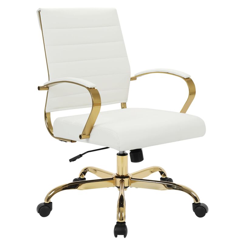 LeisureMod Benmar Leather Office Chair with Gold Accents, Adjustable Height, Swivel Base, Ergonomic Design for Home Office, Study, or Workspace