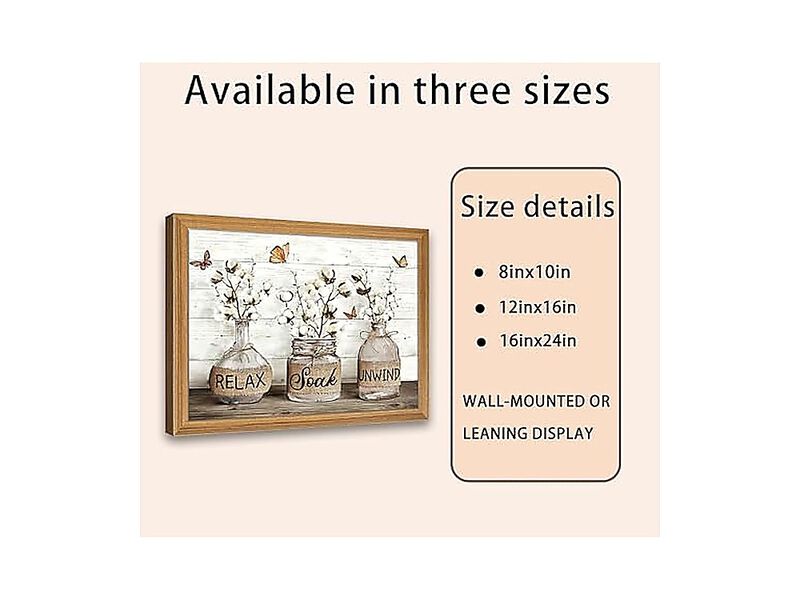 Framed Farmhouse Bathroom Canvas Wall Art Brown Rustic Cotton Flower Decor Relax image number 2