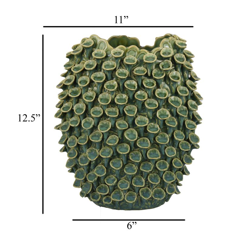 Nina Decorative Vase, Textured Green Ceramic, Abstract Coral, 13 Inch