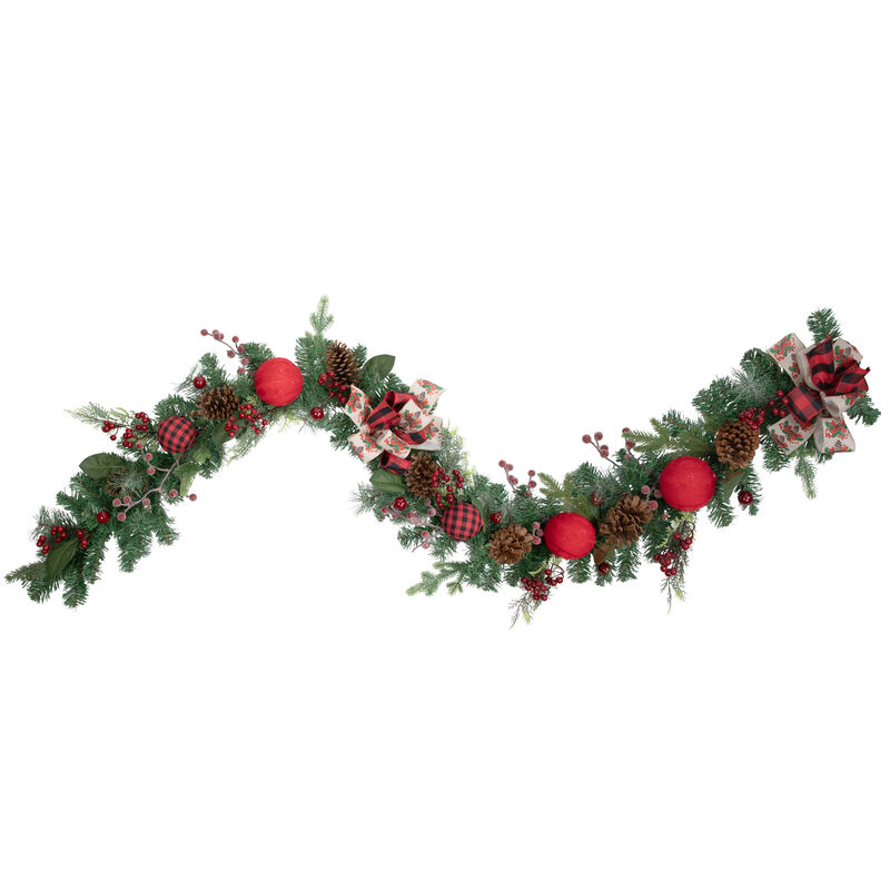 6' Green Pine Artificial Christmas Garland with Plaid Ornaments and Bows image number 0