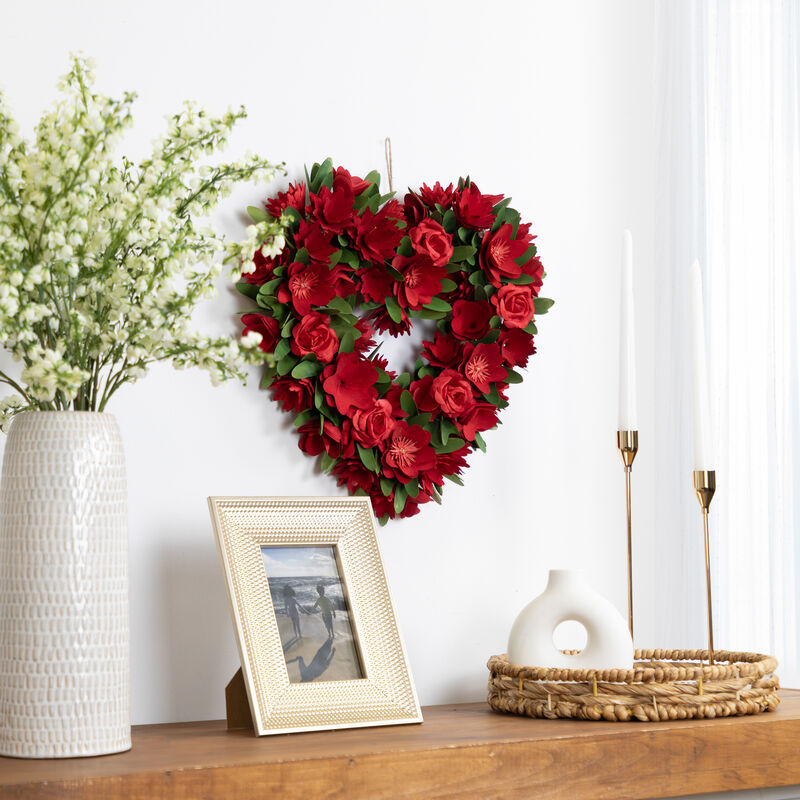 Mixed Floral Artificial Valentine's Day Heart Wreath - 15" - Red image number 1