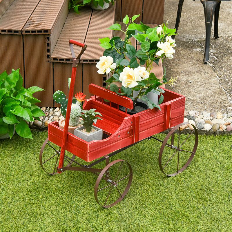 Wooden Wagon Plant Bed With Wheel for Garden Yard
