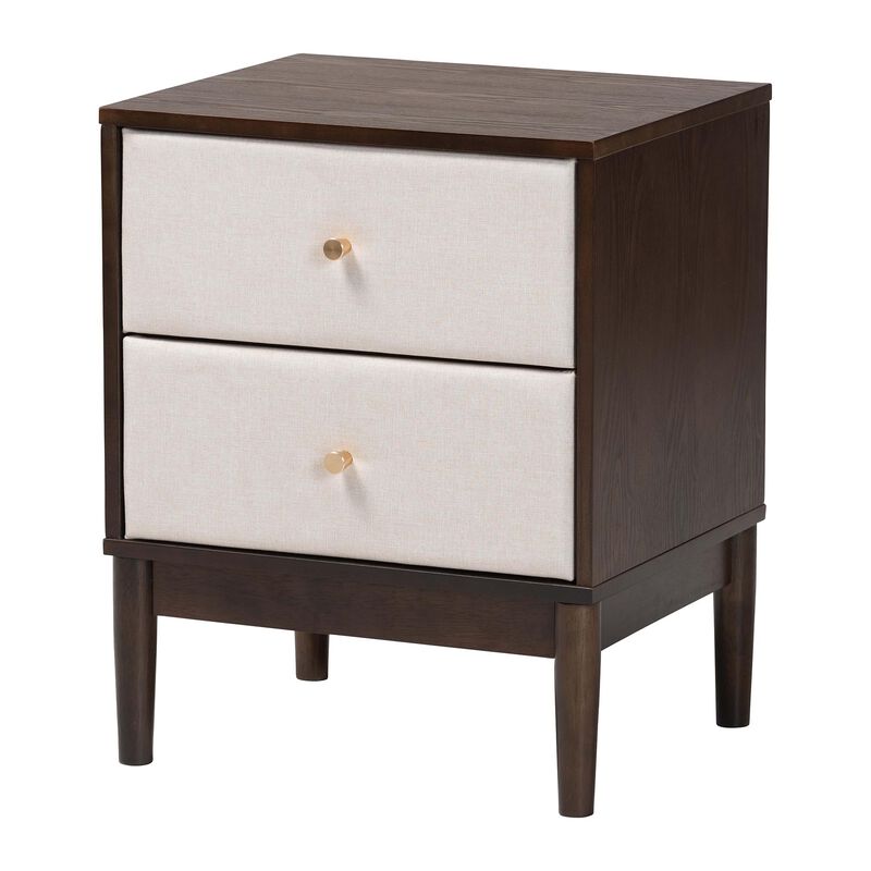Baxton Studio Nikolai Mid Century Beige Fabric and Wenge Brown Wood 2 Drawer Nightstand