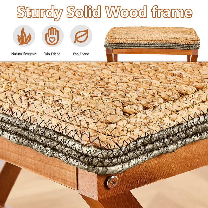 Handwoven Seagrass Ottoman, Rectangular Footrest with Sturdy X Wooden Legs For Living Room