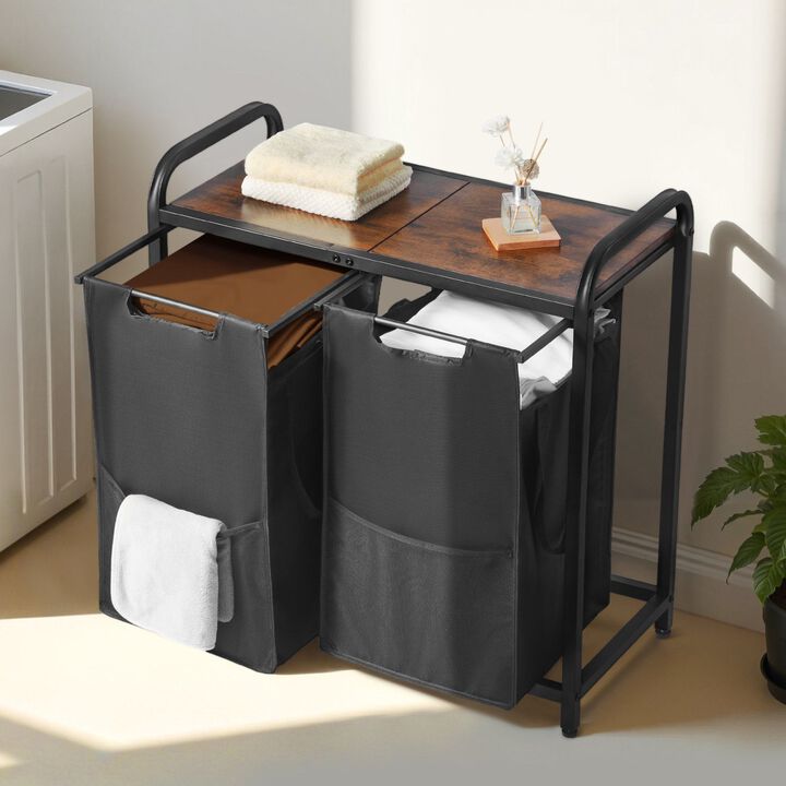 2 Compartment Laundry Sorter with Pull Out Oxford Bags, Freestanding Hamper with Shelf-Black