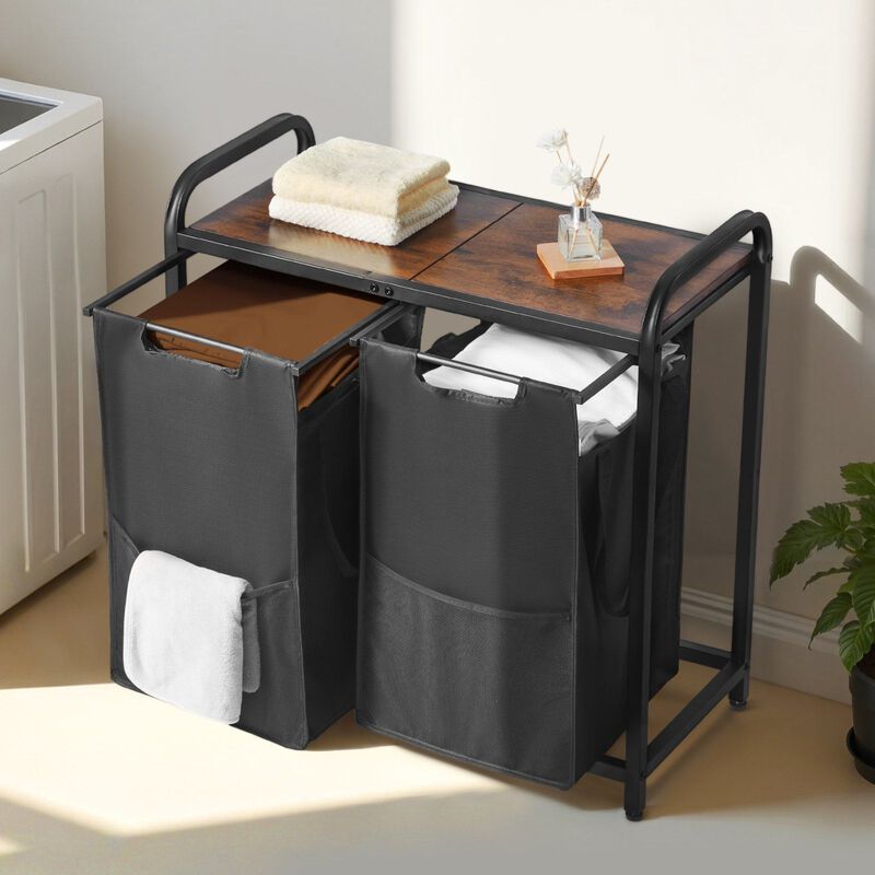 2 Compartment Laundry Sorter with Pull Out Oxford Bags, Freestanding Hamper with Shelf-Black image number 1