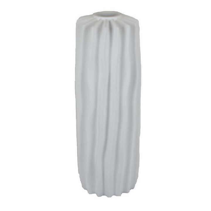 20 Inch Flower Vase, Organic Vertical Line Details, White Resin Finish - Benzara