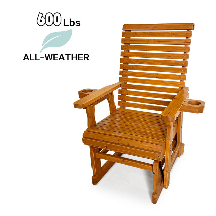 Patio Glider for One Person, with High Back and Deep Contoured Seat, Solid Fir Wood, Heavy Duty 600 LBS (Brown - Bridge Back)