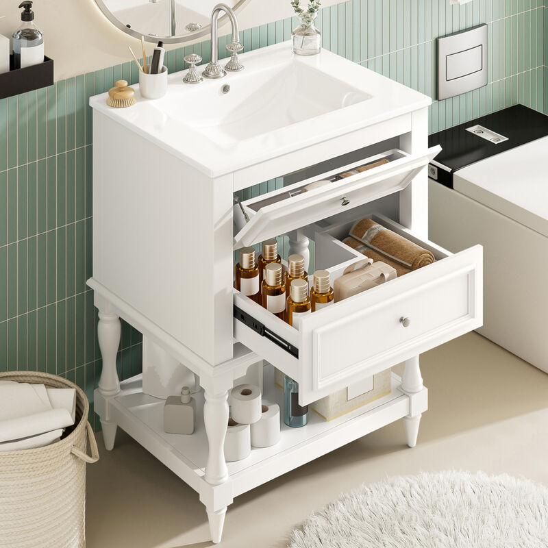 ELEMENT ACE Bathroom Vanity with Ceramic Sink, Bathroom Storage Cabinet with Open Shelf and Drawers for Functional Bathroom Organization and Decor image number 3