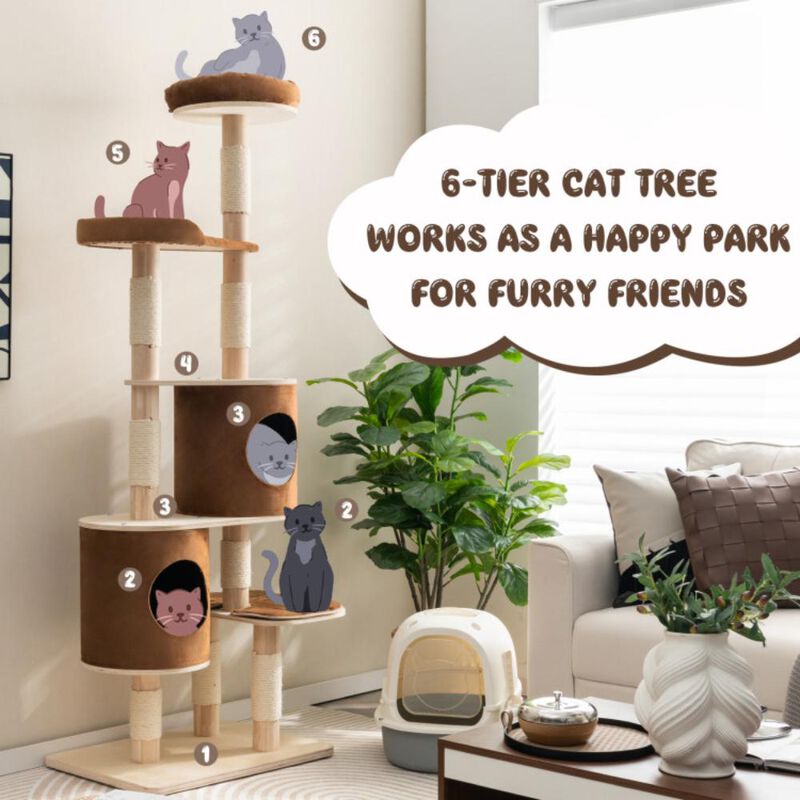 Hivvago 6-Tier Wooden Cat Tree with 2 Removeable Condos Platforms and Perch