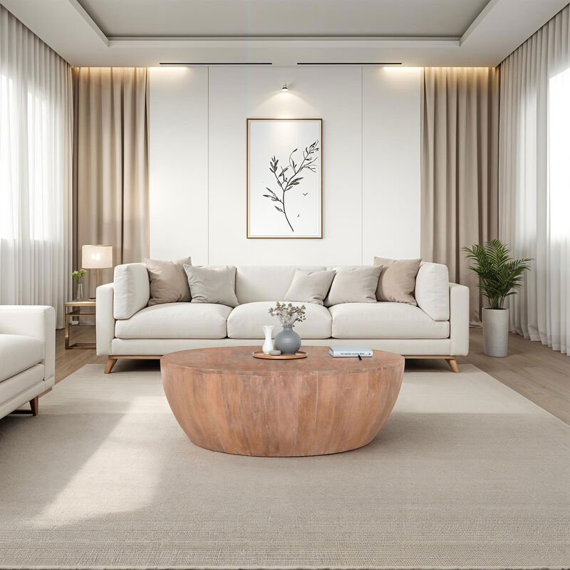 Arthur Drum Shape Wooden 35.5 Inch Coffee Table with Plank Design Base, Distressed Brown