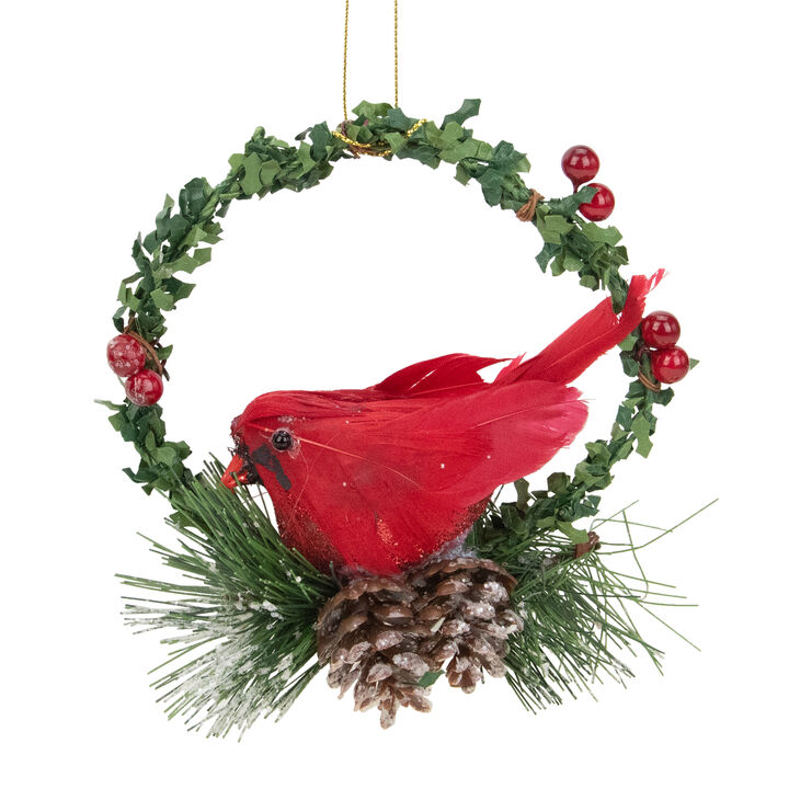 5.5" Green and Red Cardinal in a Holly Wreath Christmas Ornament