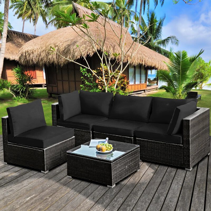 Mondawe 5 Pieces Cushioned Patio Rattan Furniture Set with Glass Table