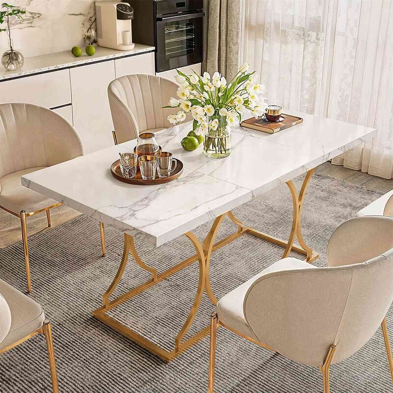 63" Luxury Dining Table Kitchen Dining Room Table Rectangle Modern Marble White Dinner Table with Gold Metel Frame for 6 People image number 1