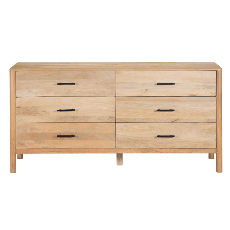 Geti 6 Drawers, 66 Inch Wide Dresser, Handcrafted Natural Oak White Mango Wood, Black Handles