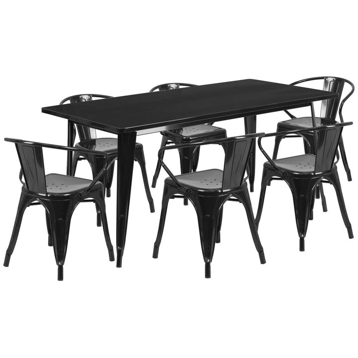 Flash Furniture Commercial Grade 31.5" x 63" Rectangular Black Metal Indoor-Outdoor Table Set with 6 Arm Chairs