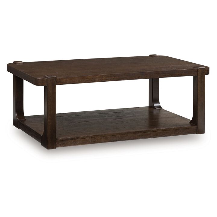 Kemu Coffee Table, 50 Inch Rectangular Top w Lower Shelf, Dark Brown