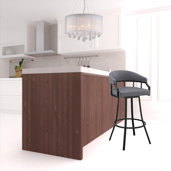 Hivvago 30 Inch Slate Gray And Black Faux Leather And Iron Swivel Low Back Bar Height Bar Chair