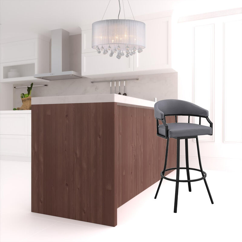 Hivvago 30 Inch Slate Gray And Black Faux Leather And Iron Swivel Low Back Bar Height Bar Chair