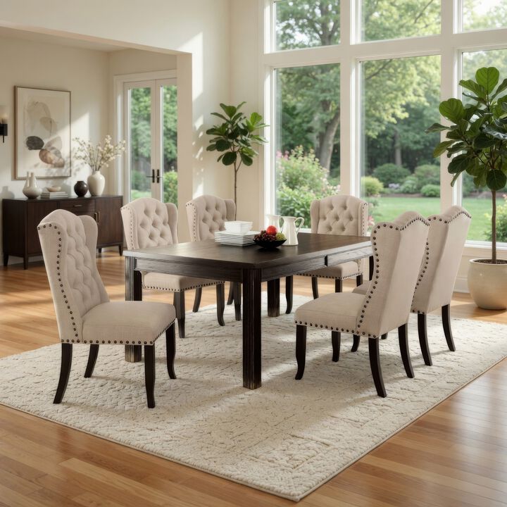 Bega 7pc Dining Table Set, Button Tufted Nailhead Chairs, Black Wood