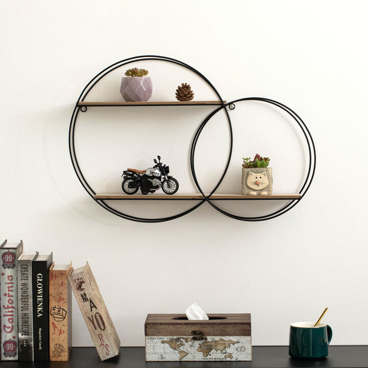 Vintiquewise Interlinked Round Wall-Mounted Shelf - Dual-Size Circular Design, Sturdy Metal Frame and 2-Tier Wooden Shelves for Modern Decor, Home Organization and Practical Storage Solutions, Black