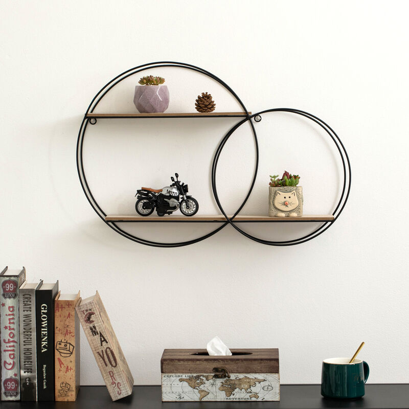 Vintiquewise Interlinked Round Wall-Mounted Shelf - Dual-Size Circular Design, Sturdy Metal Frame and 2-Tier Wooden Shelves for Modern Decor, Home Organization and Practical Storage Solutions, Black