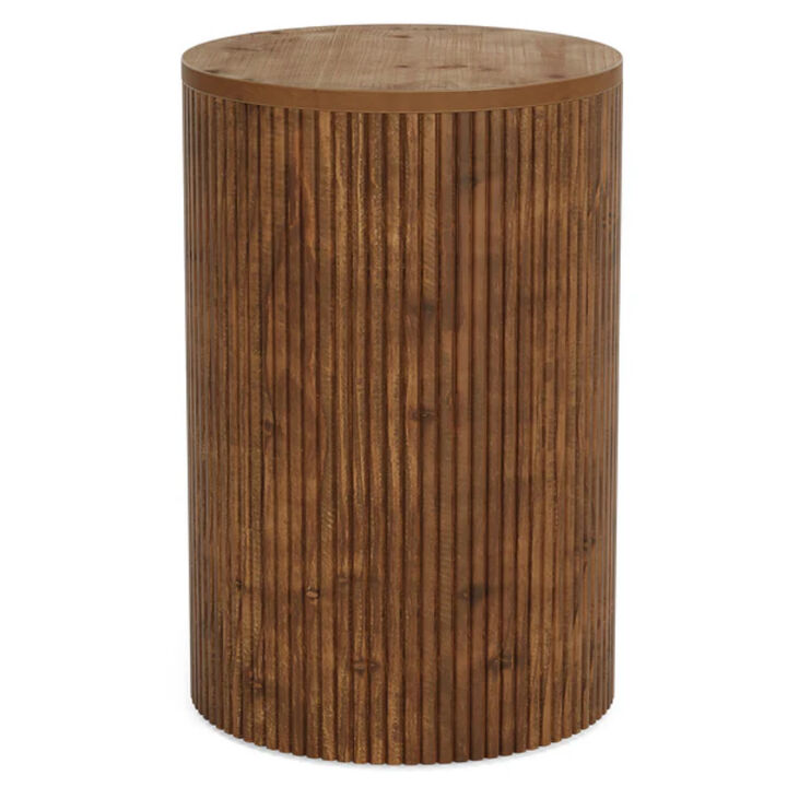 Fluted Solid Wood Round End Table, Side Table with Storage & 4 Wheels-Walnut