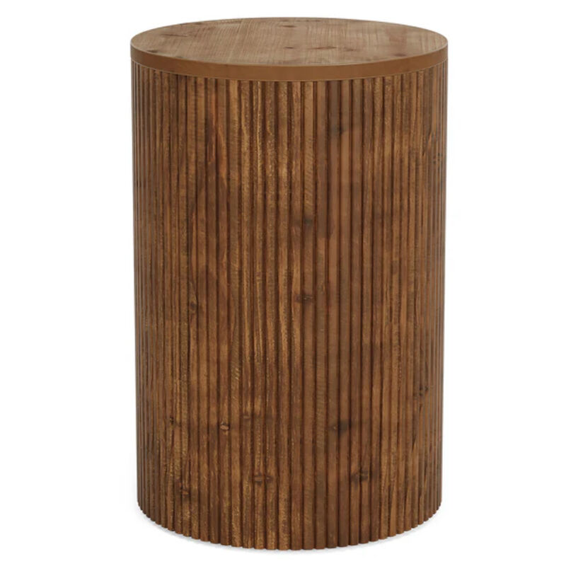 Fluted Solid Wood Round End Table, Side Table with Storage & 4 Wheels-Walnut image number 0