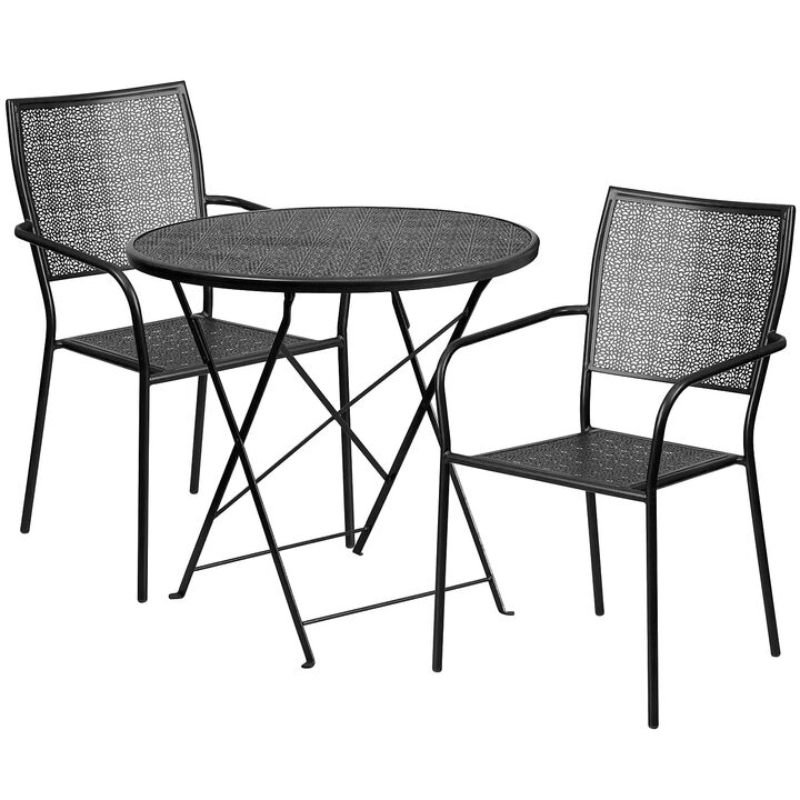 Flash Furniture Commercial Grade 30" Round Black Indoor-Outdoor Steel Folding Patio Table Set with 2 Square Back Chairs