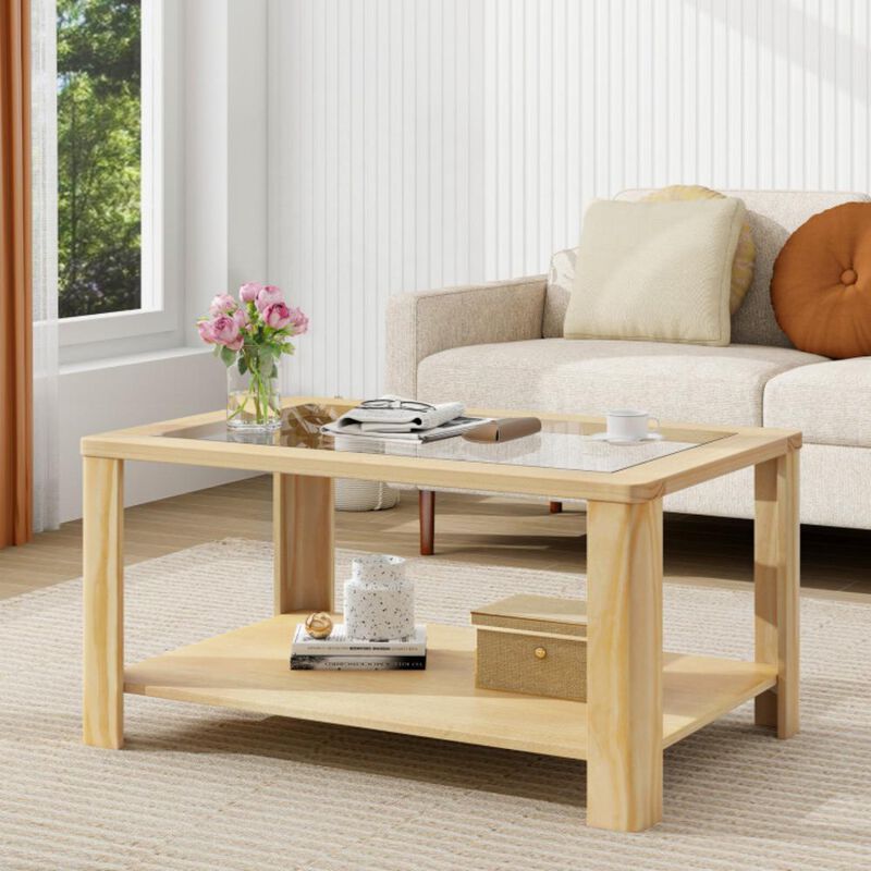 Hivvago 2-Tier Coffee Table Rectangular Center Table with Tempered Glass Tabletop and Storage Shelf